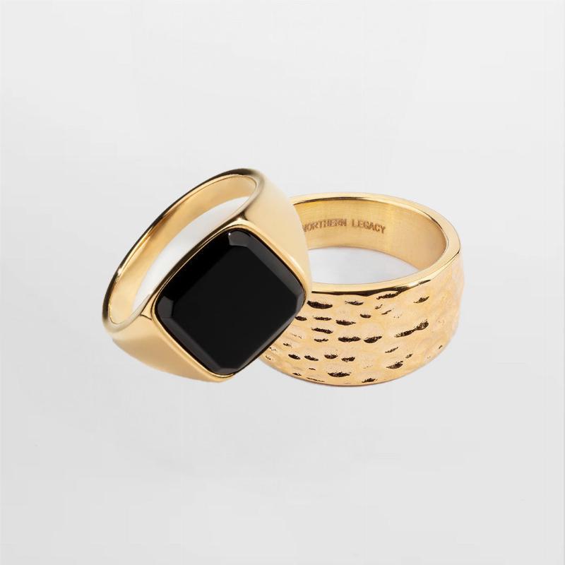 Sort Onyx Hammered Sæt - Guldtonet Herre Smykke