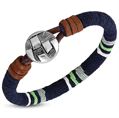 Blåt Bomulds- og Læderarmbånd – Hurtig Levering!