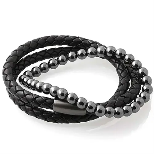 2 Armbånd i sort bololæder med hæmatitperler