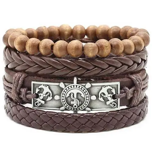 Anker Læderarmbånd med Træperler - Sømandstema