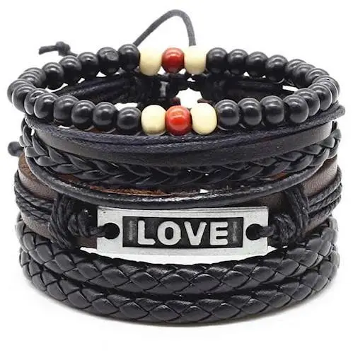 Køb Love Fashionarmbånds Sæt - Sort Læder & Perler!