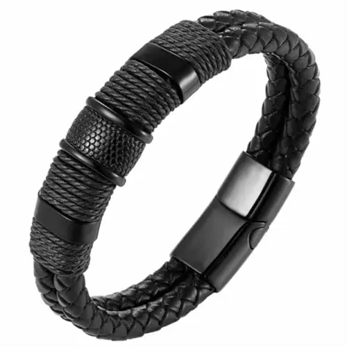 Dobbelt Bololæder Armbånd i Sort med Stållås