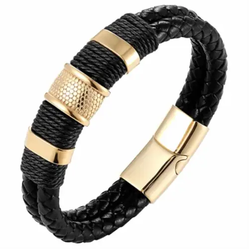 Stilfuldt sort læderarmbånd med forgyldt stål til mænd
