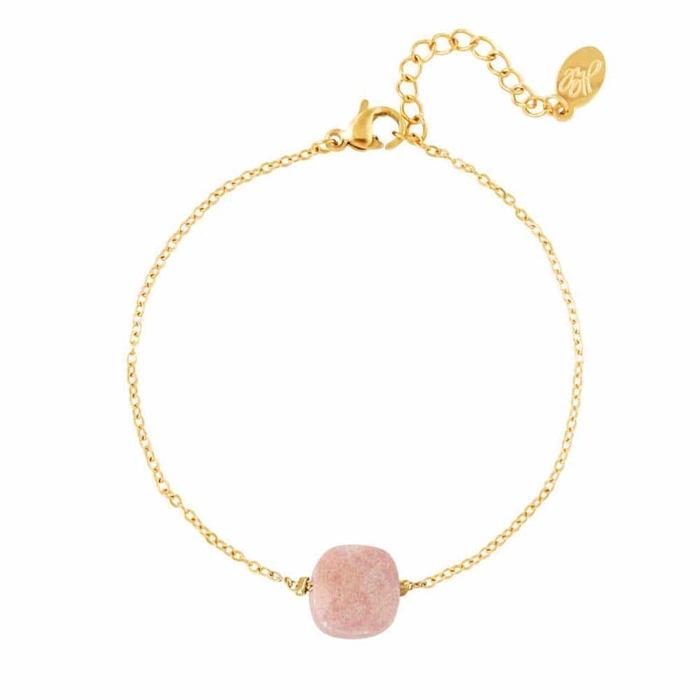 Forgyldt Ædelstål Armbånd med Pink Natursten - Udsalg!
