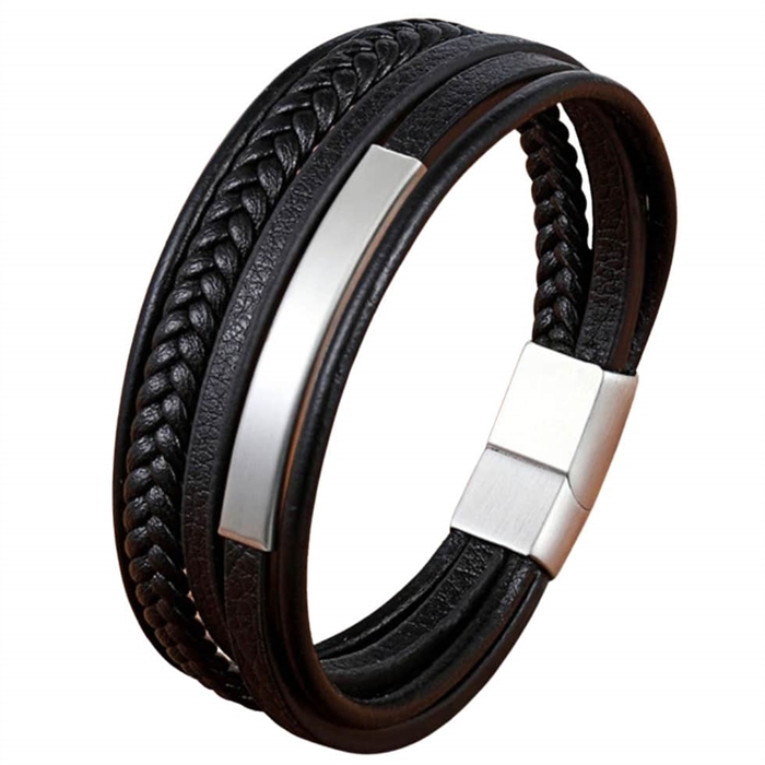 Stilfuldt armbånd i sort læder og mat stål - Hurtig levering!