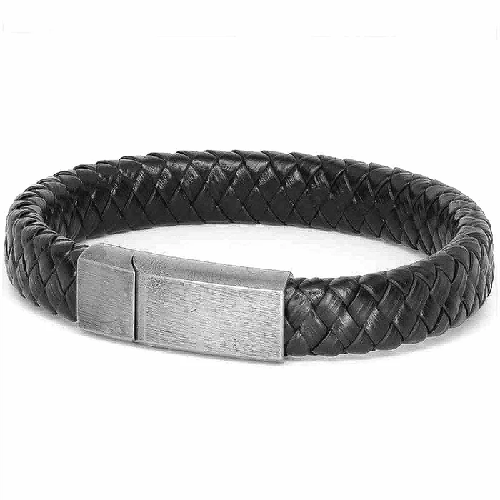 Stilfuldt armbånd i sort læder med oxy. stållås