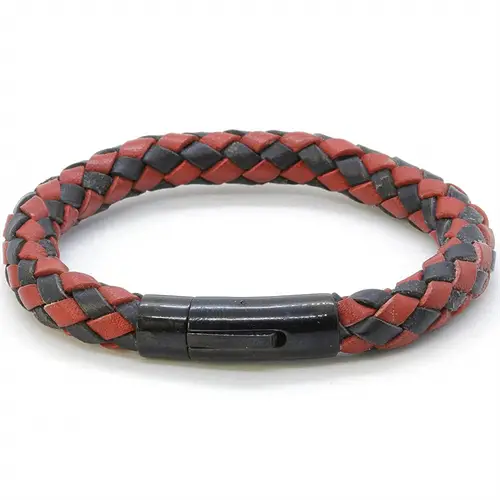 Rustikt læderarmbånd i sort og vinrød - Hurtig levering!