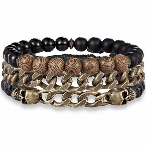 Cowe Herrearmbånd Sæt - 3 Stk med Perler og Skulls