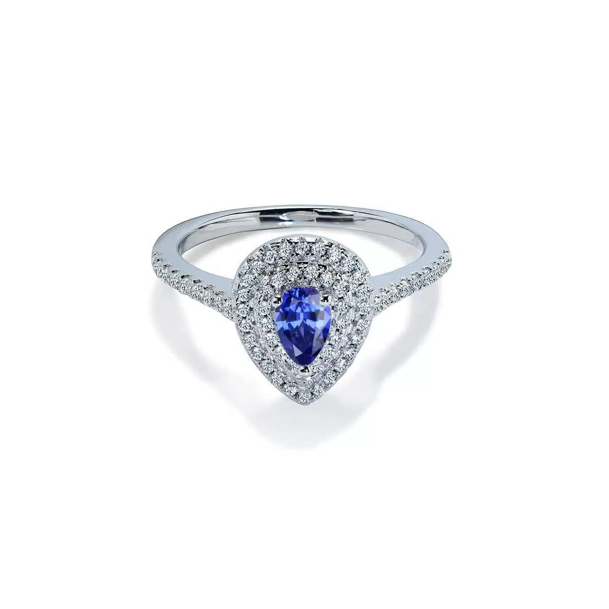 Delphi Blå Pæreformet Forlovelsesring med Diamant Halo