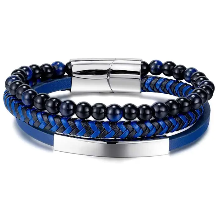 Blåt Læderarmbånd med Perler - Elegant Herresmykke
