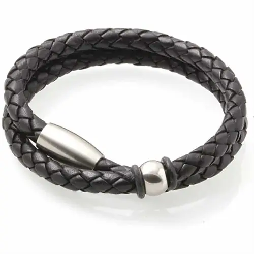Sort Bololæderarmbånd med Rustfrit Stål - Hurtig Levering