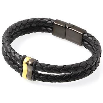 Dobbelt Læderarmbånd i Sort med Forgyldt Stål - Hurtig Levering