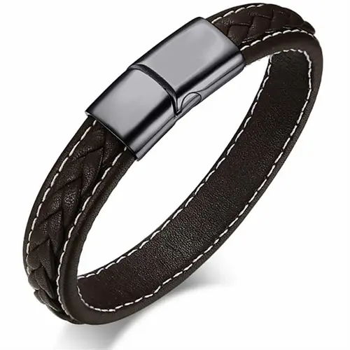 Brunt Imt Læder Armbånd med Stållås - Stilfuldt Herrearmbånd