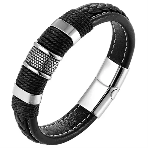 Stilfuldt herre læderarmbånd med rustfrit stål