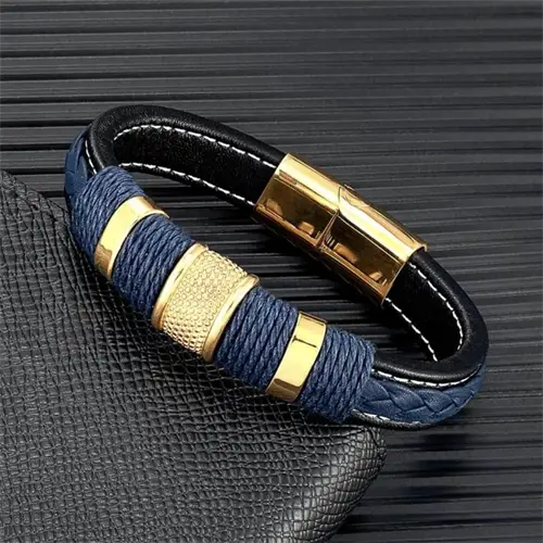 Stilfuldt blå/guld læderarmbånd til mænd - Hurtig levering!