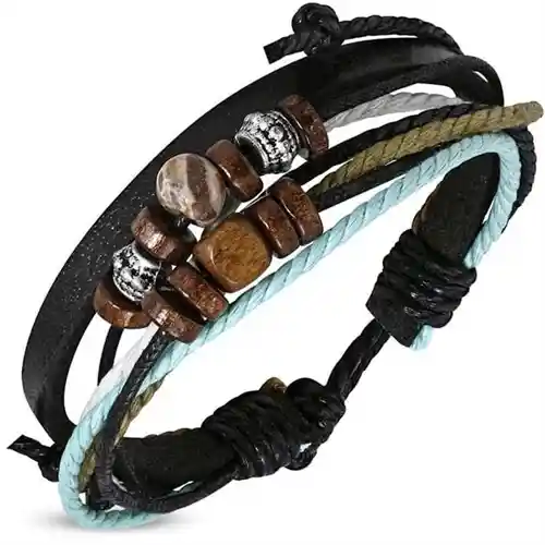 Klassisk læderarmbånd med lys blå snor - Hurtig levering!