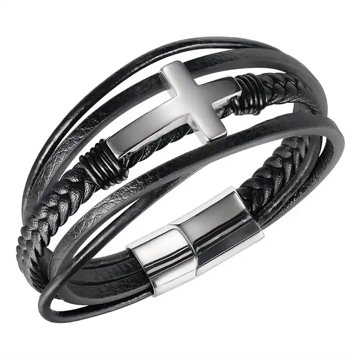 Sort Fiberlæder Armbånd med Stålkors - Hurtig Levering!