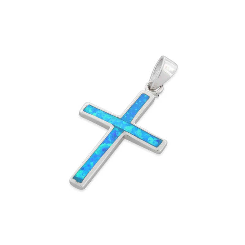 Kors - Opal Smykke Vedhæng Med Blå Opal Sten 925 Sterling Sølv Rhodium Belægning