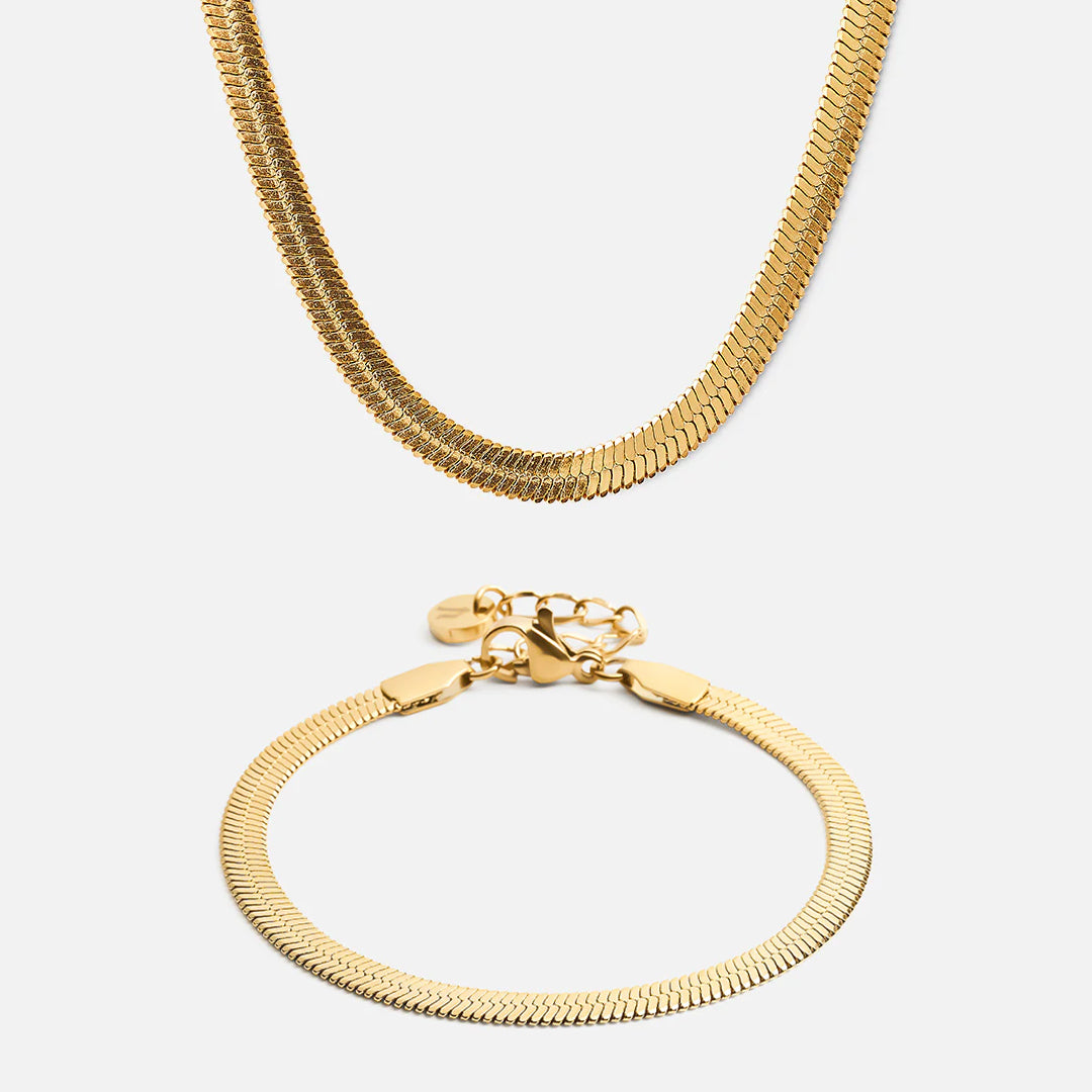 Flad Snake Halskæde Armbånd 18k Guldbelagt 4mm