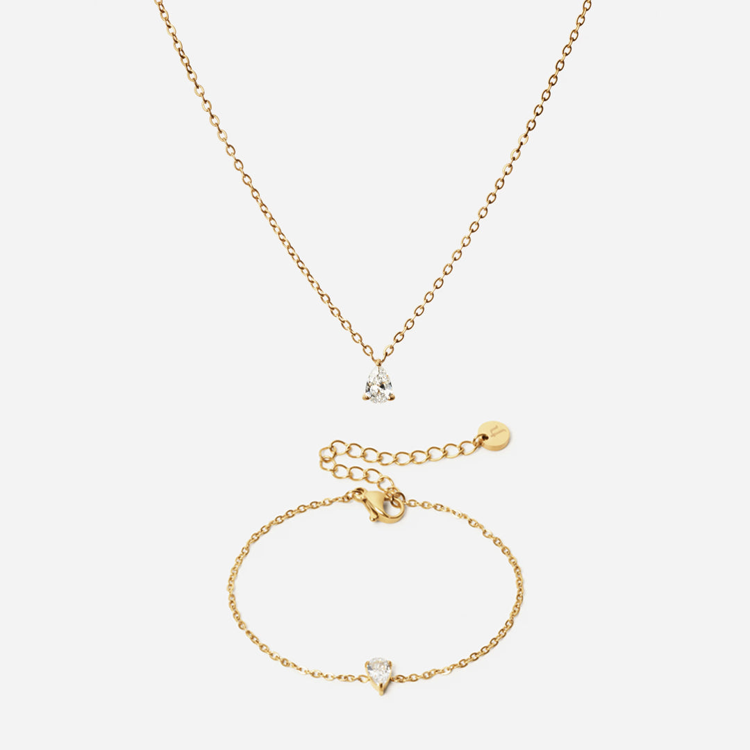 Iskold Drop Zirkon Armbånd og Halskæde i 18k Guld
