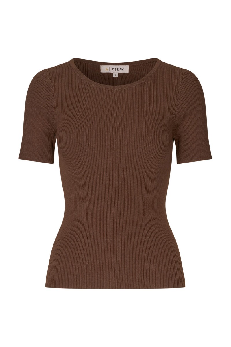 A-view - T-shirt - Rib Knit Short Sleeve Top - Brown