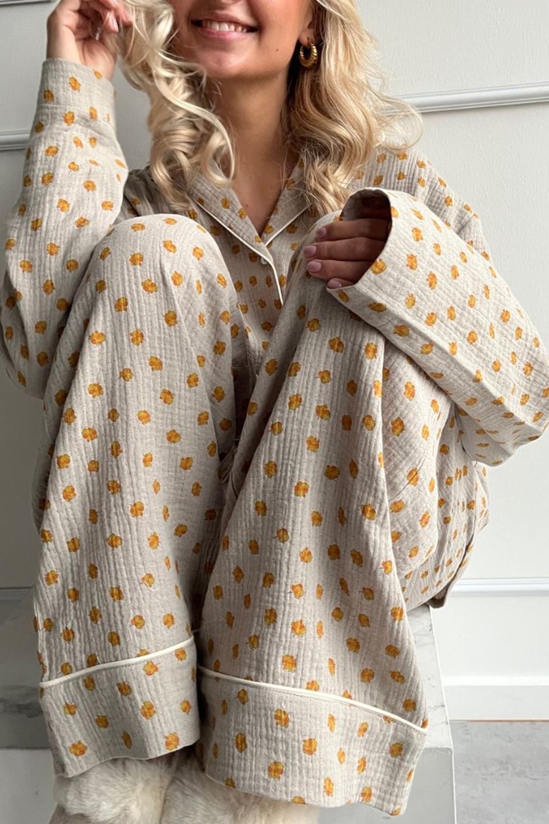 Sød Pyjamas Skjorte med Store Blomster - Grøn Gul