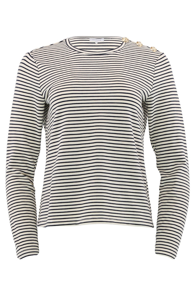 Continue - Bluse med Guldknapper - Hvid/Stribet Design