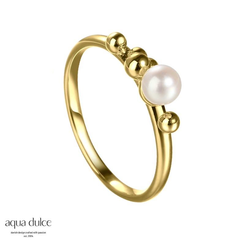 Fingerring Mae med perle og forgyldte kugler - Aqua Dulce