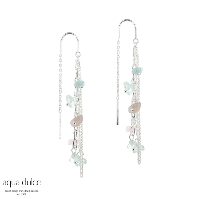 Nugget Øretråde i Sterling Sølv med Aquamarine og Rosaquartz