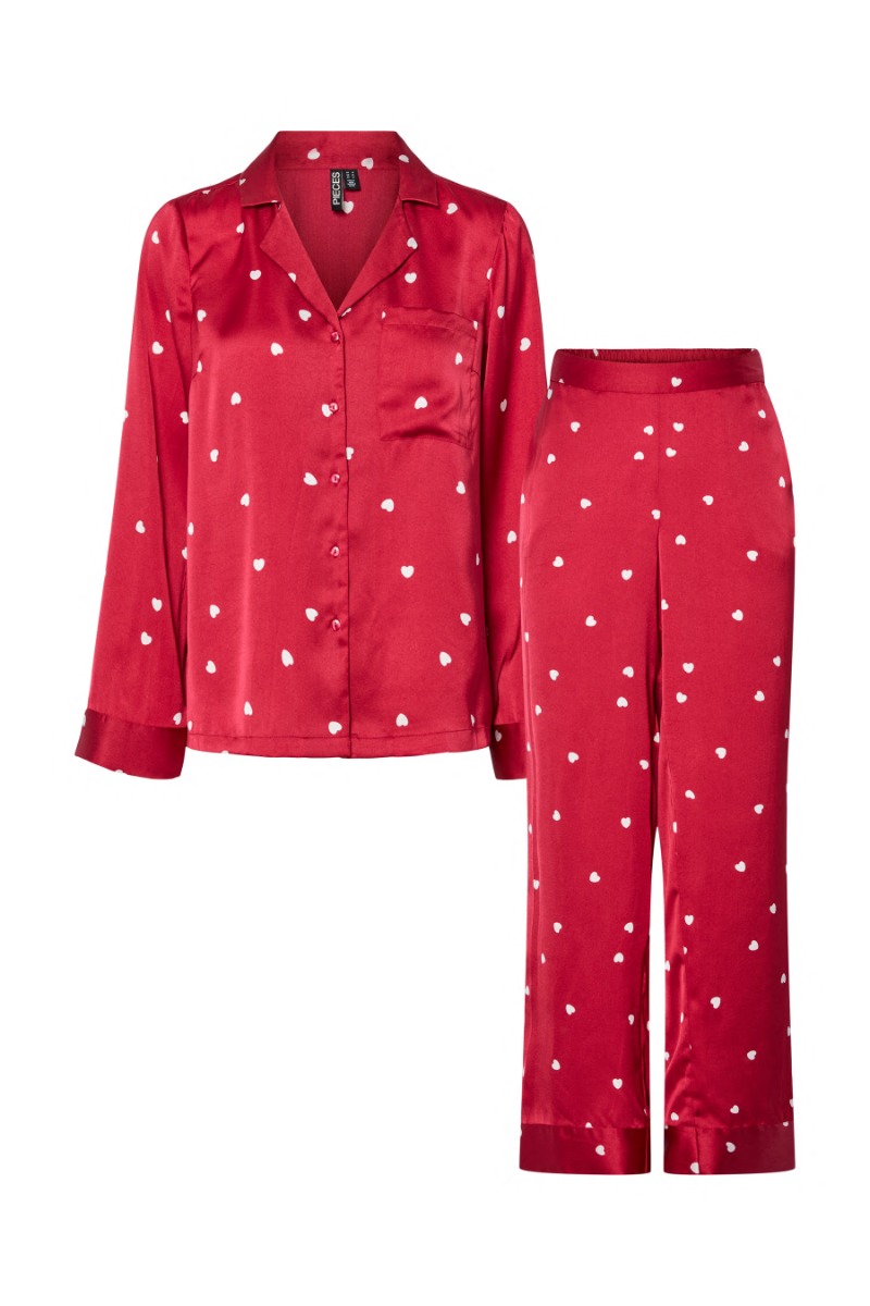 Pieces - Jytte Xmas Satin Nattøj Sæt - Savvy Rød