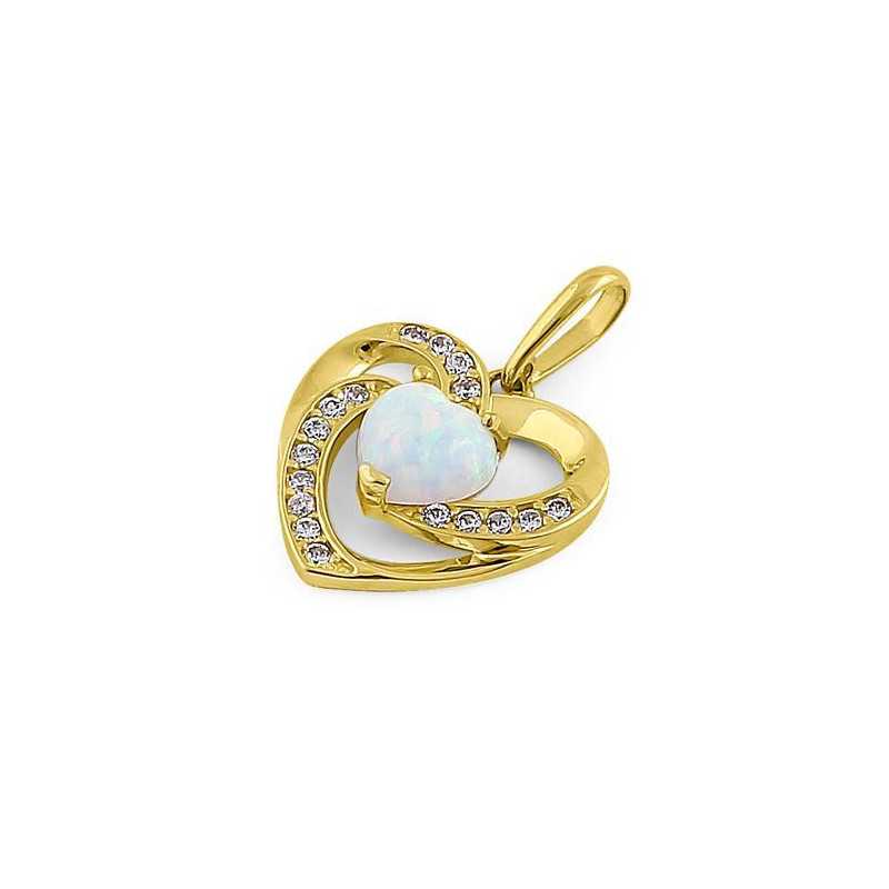 Hjerte Vedhæng i 14K Guld med Hvid Opal og Zirkonia