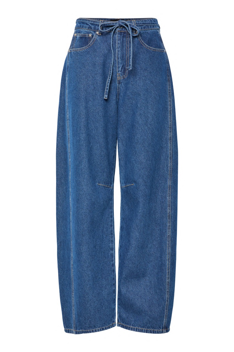 Pieces - Fenna Mw Tie Barrel Jeans - Mørkeblå Denim