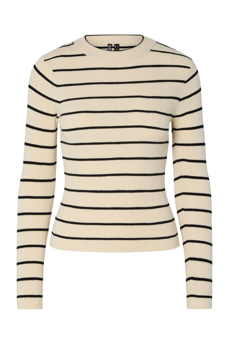 Pieces - Mira New Ls O-neck Strikbluse - Beige Tilbud!