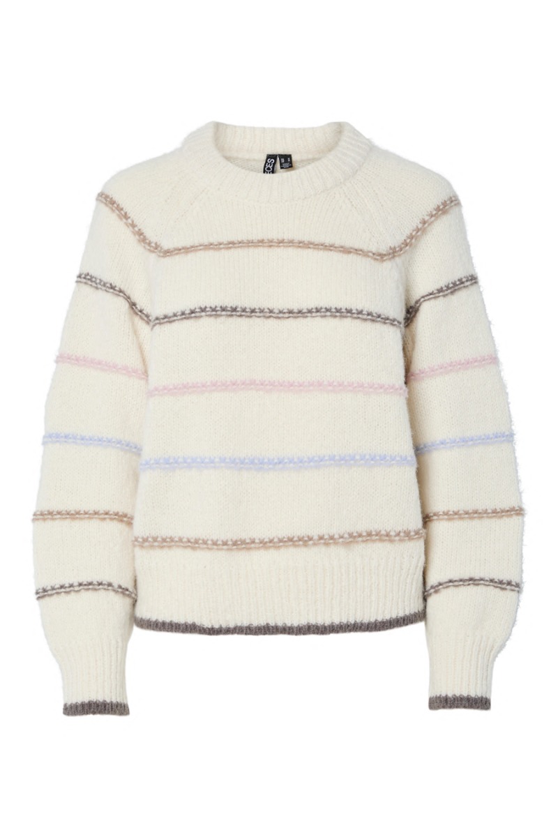 Pieces - Strik - Nelia Ls O-neck Knit - Beige Striber