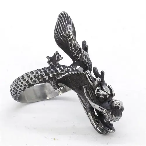 Fingerring med Kinesisk Drage i Rustfrit Stål - Biker Stil