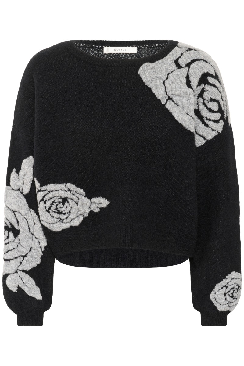 Gestuz - Rosaly Pullover med roser - Sort Strik