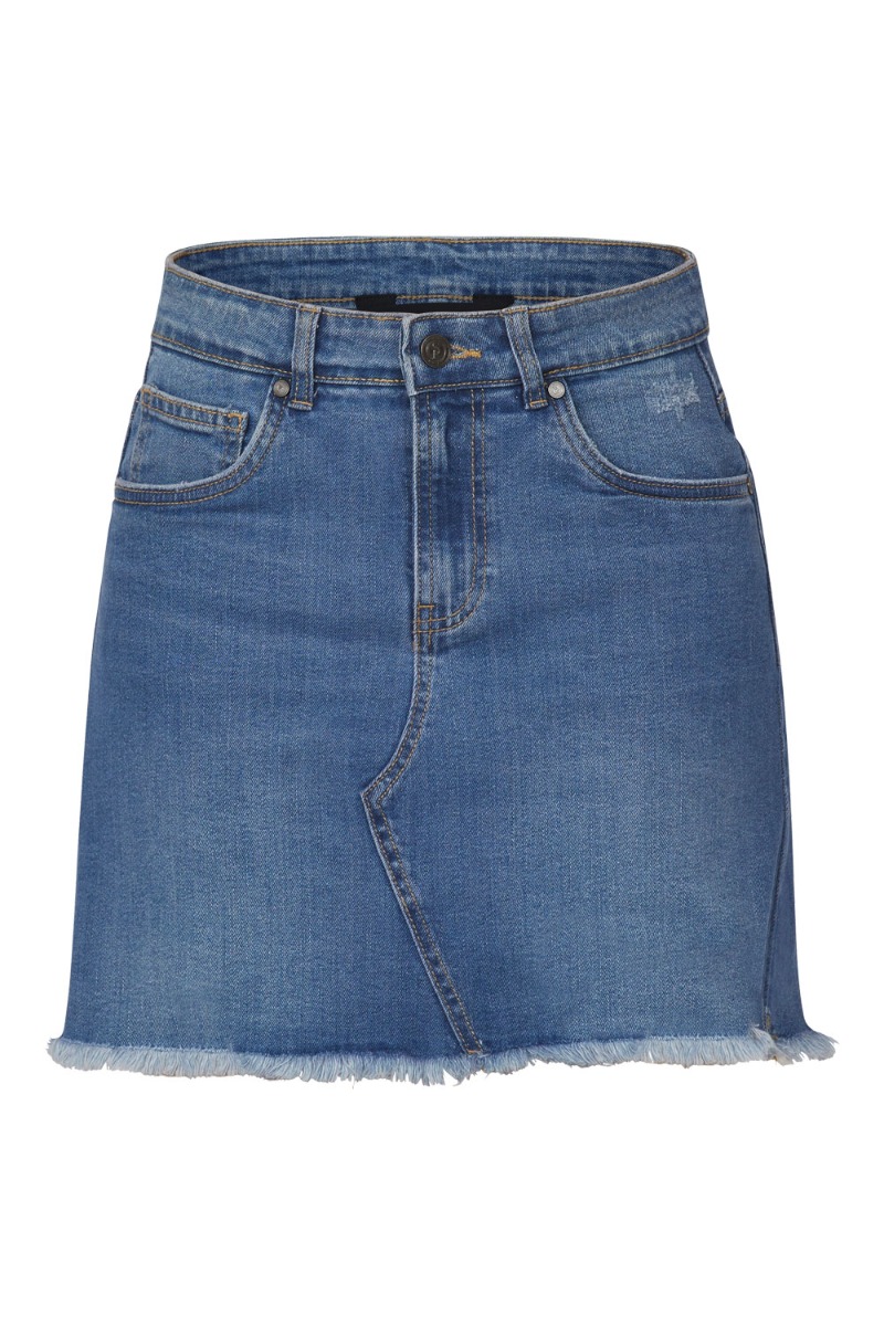 Sisters Point - Strækbar Denim Nederdel - Mid Blue Wash