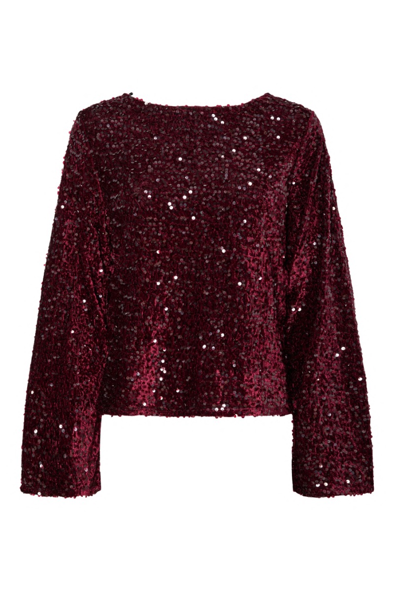 Pieces - Festbluse med Pallietter og Sløjfe - Tawny Port