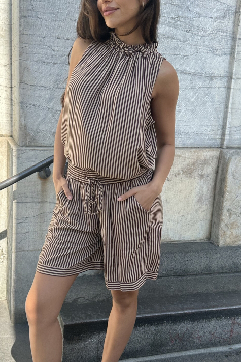 Liva Small Stripe Top - Brun med Binde Detalje