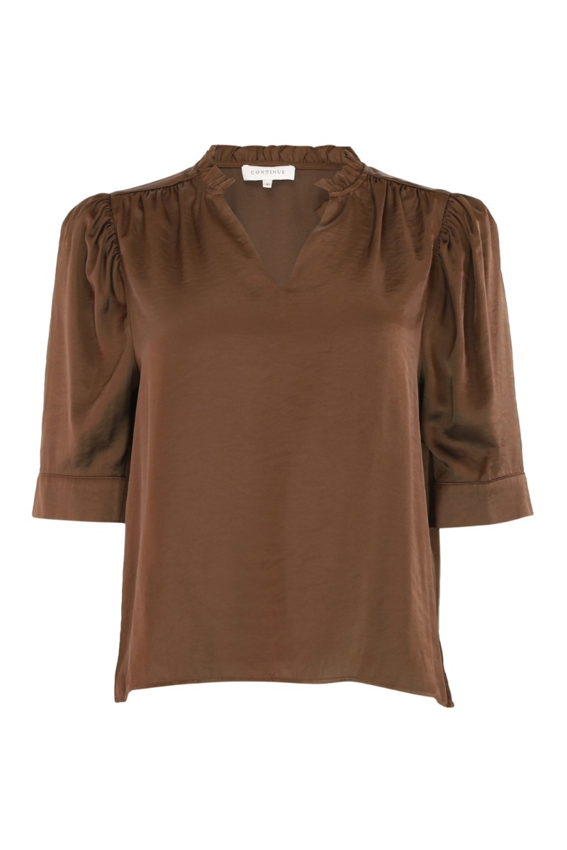 Continue - Bluse - Moe V Hals Satin - Brun Elegance