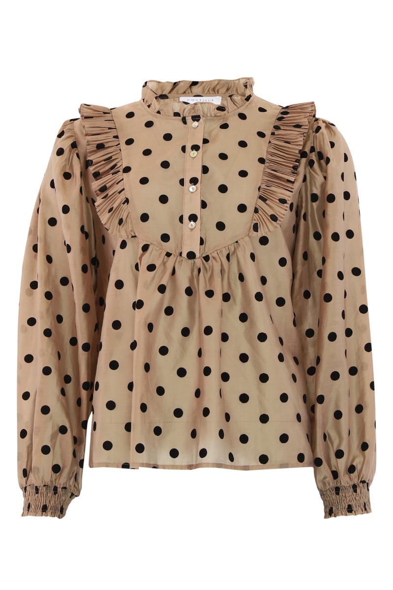 Continue - Bluse i Silke Dot - Nougatblack med Flæser