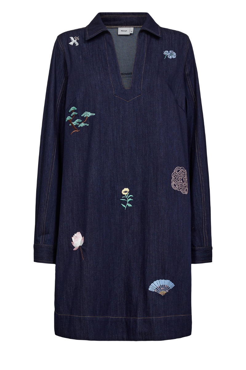 Nümph - Chiku Kjole - Mørk Denim med Broderi