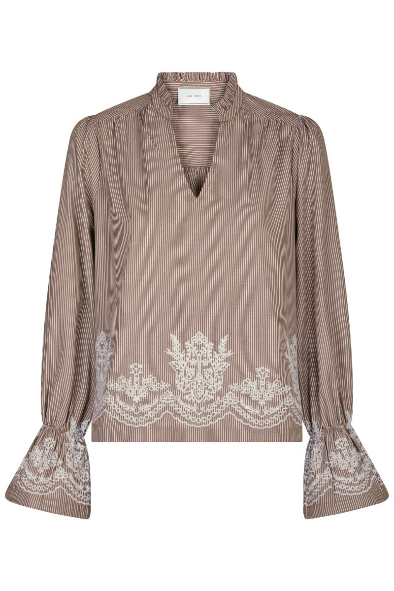 Neo Noir - Amara Stribet Bluse med Broderi - Camel