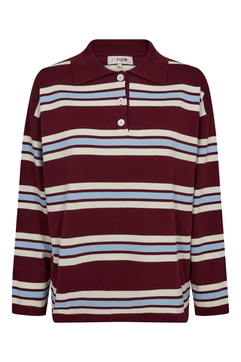A-view - Bluse - Polo Long Sleeve Stripe Knit Blouse - Burgundywhiteblue