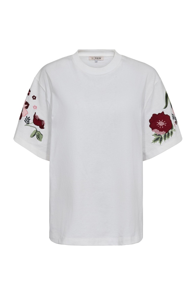 A-view T-shirt med Broderi - Best Double Flower - Hvid