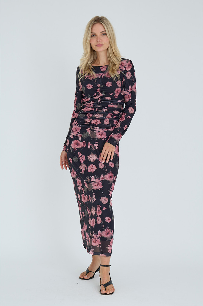 A-view – Selmina Kjole i Sort/Rosa Blomsterprint