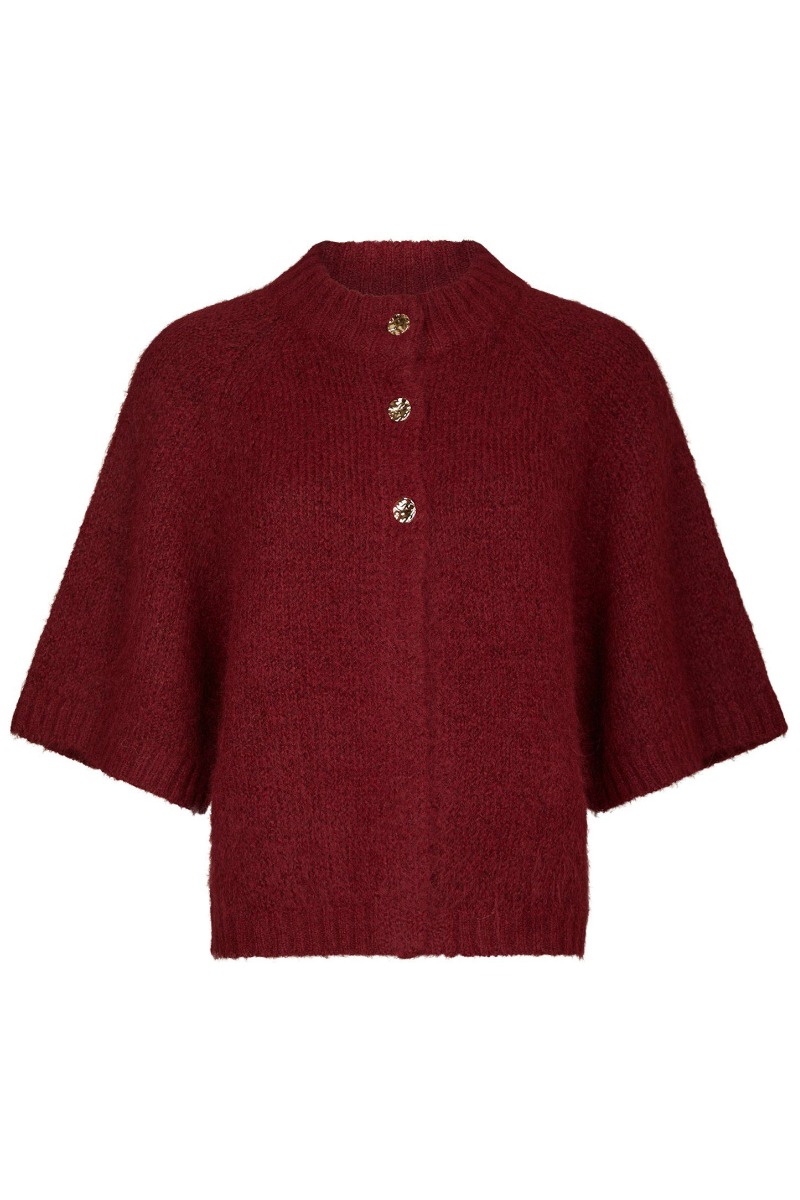 Neo Noir - Fluffy Knit Cardigan i Mørkerød Jewel Box