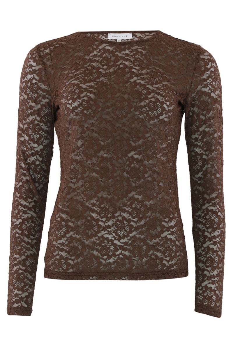 Continue -  Bluse - Alberte Lace R Neck - Brown Levering I Start November