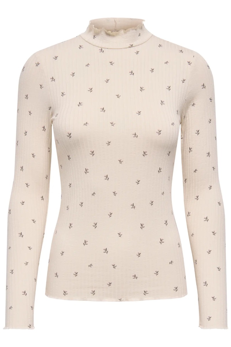 Jdy - Blomstret Highneck Bluse i Råhvid