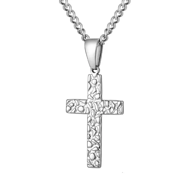 Hammered Steel Cross - Herrehalskæde i Rustfrit Stål
